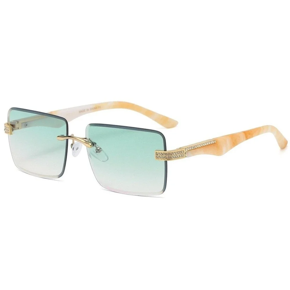 Rimless Rectangle Sunglasses Green Lens Rhinestone Accents Fashion Shades Lentes